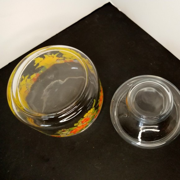 Vintage Clear Round‎ orange yellow Floral Container w/  Lid 4" wide 6" tall - Picture 10 of 15